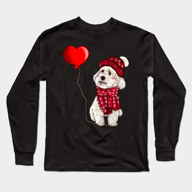 The Best Valentine’s Day Gifts 2022 - Cavalier king charles spaniel in red beanie hat and scarf, White Cavapoo Valentine’s day Long Sleeve T-Shirt by Artonmytee